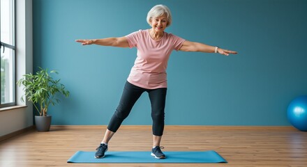 Senior woman practicing balance exercises on yoga mat in bright indoor studio, smiling and engaged in fitness activity