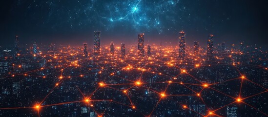 Futuristic cityscape at night with glowing network connections.