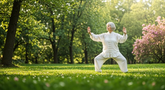Serene elderly woman practicing tai chi in a lush green park surrounded by trees and flowers, embodying harmony and tranquility amidst nature