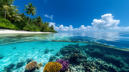Beautiful tropical island with palm trees and beach panorama as background image. Asian summer season landscape. Maldives island Ocean tropical beach. palm trees and white clouds and pink sand 