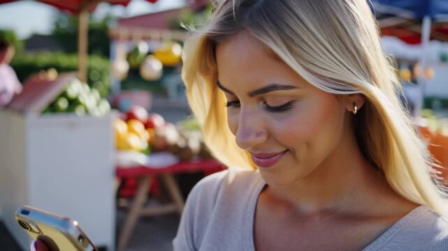 Mujer cabello rubio camina en un mercado de frutas y verduras mientras observa su smartphone despu&eacute;s de haber realizado compras