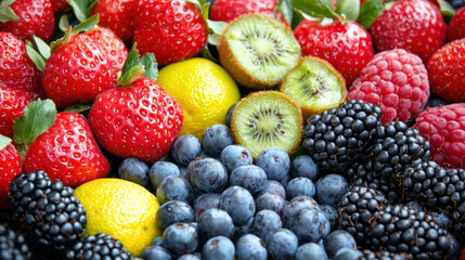Fototapeta premium A vibrant collection of fresh strawberries raspberries blueberries blackberries and kiwi slices with lemon wedges creates a colorful and healthy fruit background perfect for food
