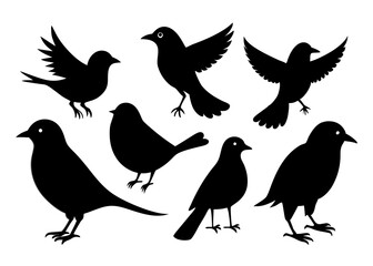 A cute cartoon vector illustration shows a black silhouette of a bird, perhaps a crow or sparrow, with a feather wing, a beak, on a nature branch, part of a loving animal couple pattern design