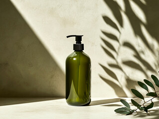 A green dispenser bottle, illuminated by sunlight, rests on a neutral surface, accented by shadows and delicate foliage for a serene, clean aesthetic.
