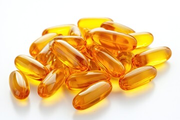 A pile of fish oil gel capsules, gleaming golden yellow, isolated on a pristine white background.