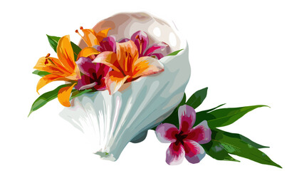 Fototapeta premium Elegant Floral Bouquet: A vibrant composition of lilies and other assorted flowers elegantly arranged, showcasing a splash of colors. This floral artwork adds a touch of elegance.