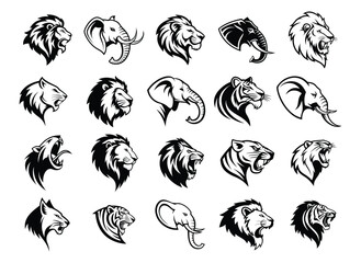Wild Animal Mascot Icon Set Vector Silhouette Collection of Animal Head Logos for Branding and Sports Teams.