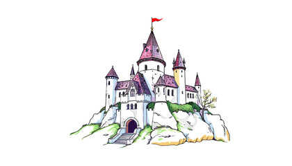 Obraz premium Castle on the Hill: A majestic illustration of a fairytale castle, perched atop a rocky hill, flying a triumphant red flag and invoking a sense of wonder, history and fantasy.