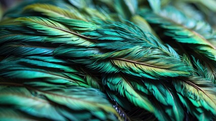 Close-up of vibrant teal and green feathers with intricate barbs and iridescent highlights, showcasing delicate textures and shimmering patterns