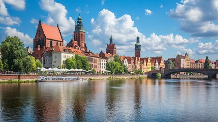 Panoramic view of wroclaw poland cityscape with river oder and architectural landmarks on a sunny day