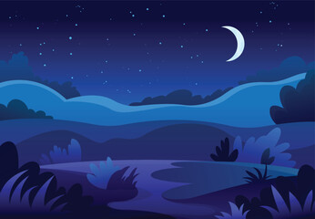 Vector hand drawn night landscape. Horizontal illustration for design and cover design with space for text. Moon, stars, path, fields and bushes. Clear cloudless night.