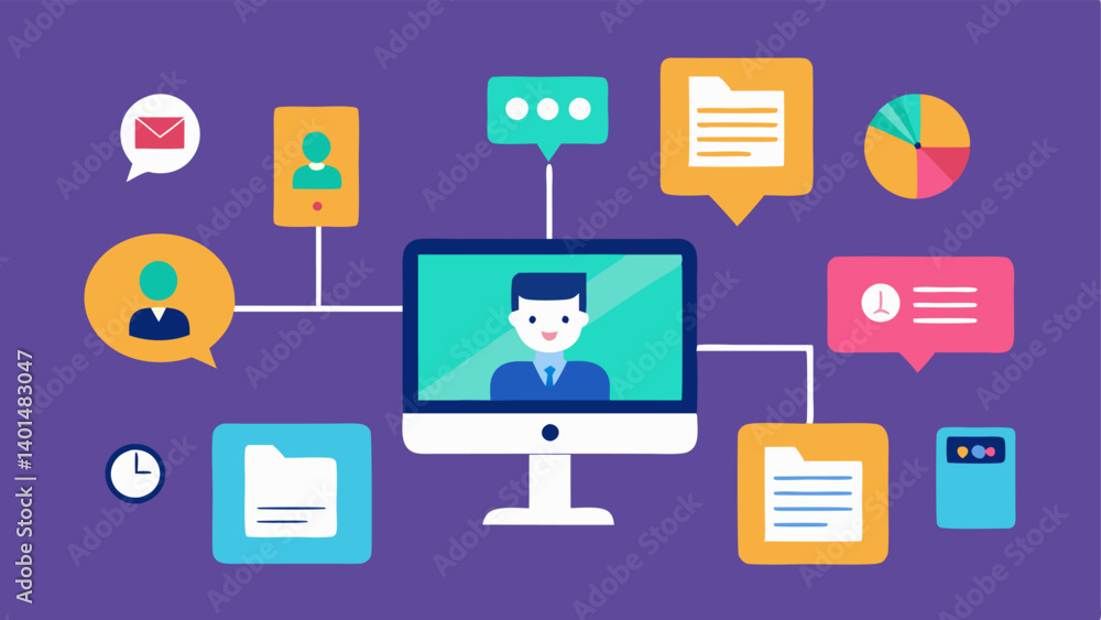 Poster digital communication tools various icons representing digital tools used for teamwork like video ca