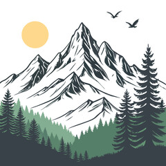 Fototapeta premium Mountain Landscape Vector with Pine Trees Sun and Flying Birds
