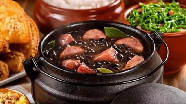 Traditional Brazilian feijoada with rice, collard greens, farofa, and fried appetizers served in rustic clay pots