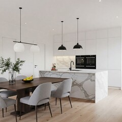 Modern kitchen with a marble island, white cabinets, wood flooring, and a dark wood dining table. Pendant lighting adds a stylish touch.