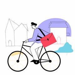 Postman riding a vintage bicycle with a letterbag slung over his shoulder, old town background, soft pastel color palette