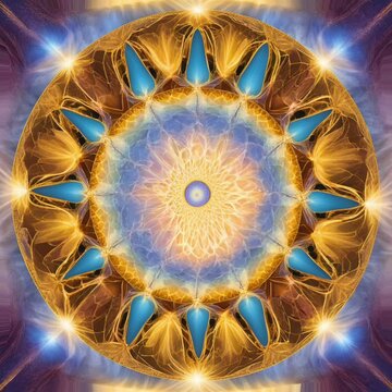Mandala with a golden geometric center, surrounded by turquoise-blue petals on a violet background