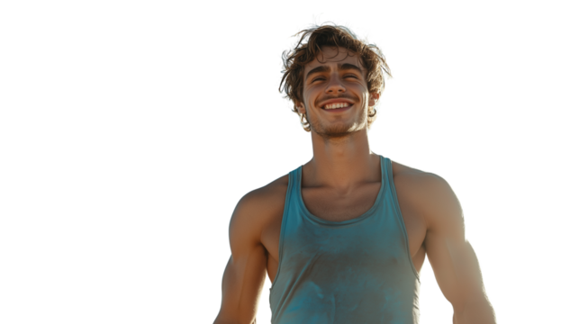 Young sporty man in summer tank top, smiling confidently, blue sky background, cinematic lighting