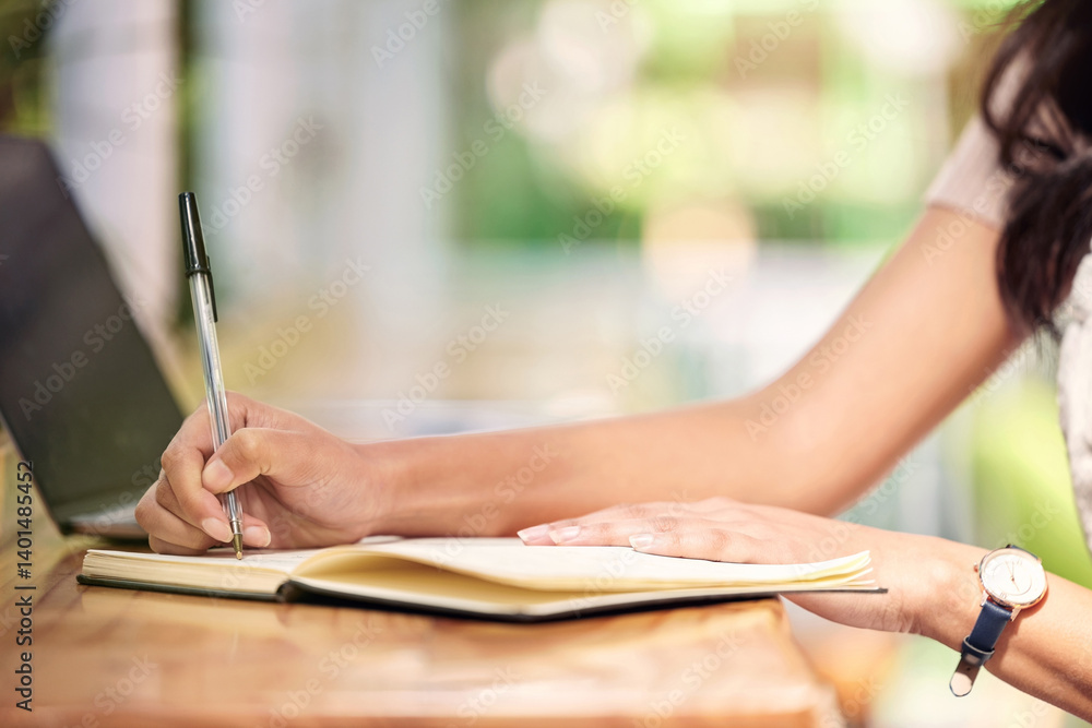 Poster hands, writing and person with notebook for inventory, stocktake or order products in office. small 