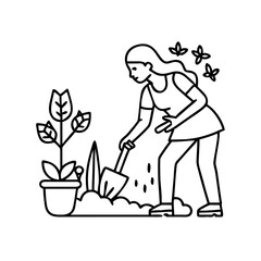 woman gardening icon, woman gardening line art - simple line art of woman gardening, perfect for woman gardening logos and icons