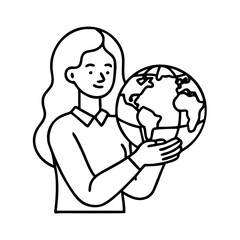 woman holding globe icon, woman holding globe line art - simple line art of woman holding globe, perfect for woman holding globe logos and icons