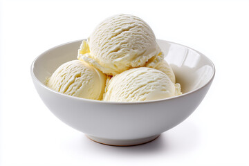 Delicious vanilla ice cream scoops in a white bowl ready for a summer treat or dessert
