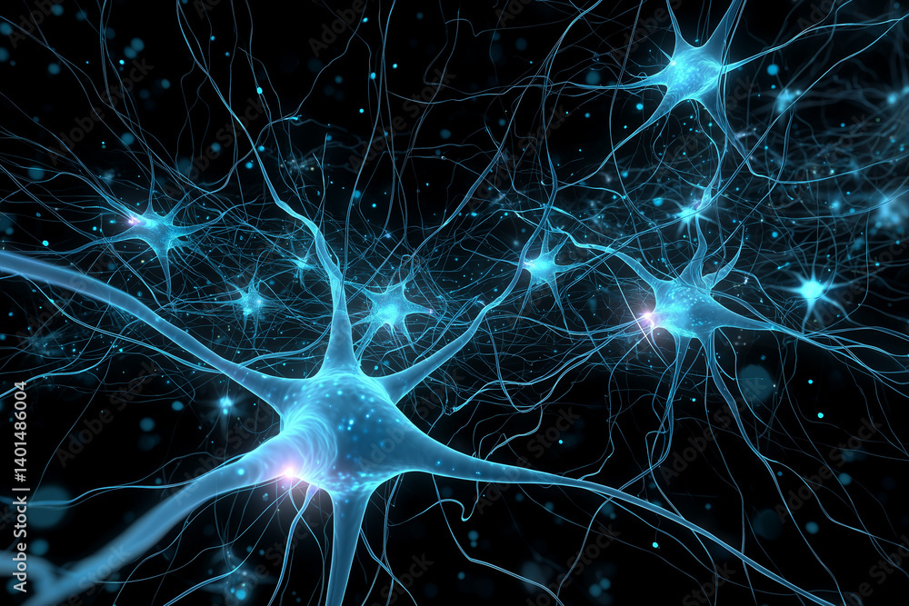 Poster intricate network of glowing neurons showcasing dynamic connections in a dark atmosphere