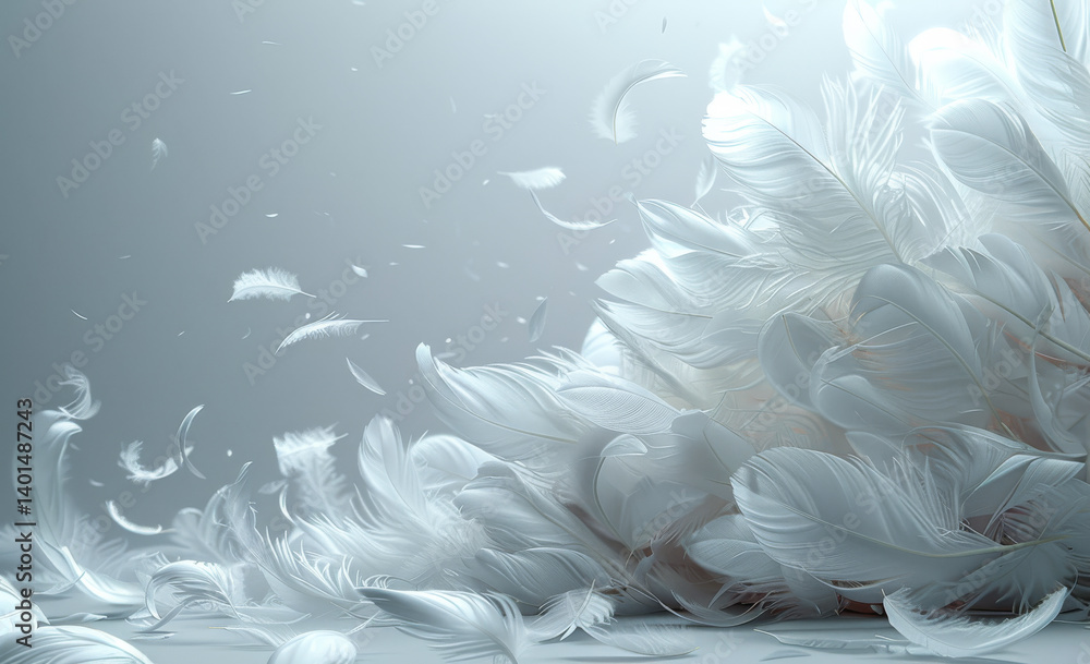 Poster soft white feathers in a gentle breeze. delicate white feathers scatter softly across a smooth surfa