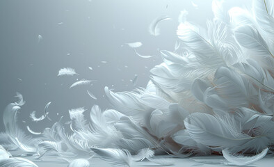 Soft white feathers in a gentle breeze. Delicate white feathers scatter softly across a smooth surface, illuminated by gentle light.