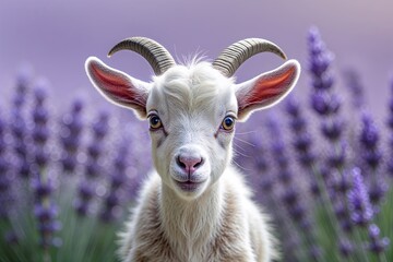 Fototapeta premium Adorable Baby Goat with Surprised Look and Wide Eyes Against Soft Lavender Backdrop