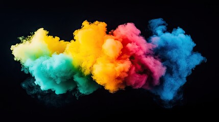 Fototapeta premium Pride parade banner. Colorful rainbow smoke or holi paint powder explosion isolated on black background with copy space