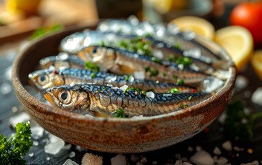 Herb-garnished fresh fish. A bowl filled with fresh fish, garnished with herbs and ready for cooking, showcasing vibrant colors and textures.