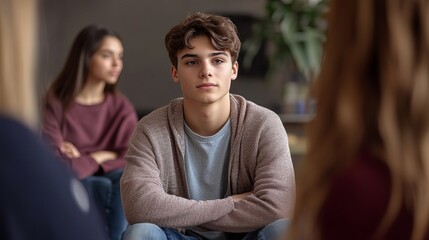 Teen therapy session young man in group counseling mental health support and adolescent wellbeing concept