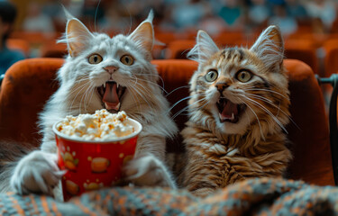 Excited cats watch a movie with popcorn. Two cats sit on a cozy couch, wide-eyed and enthusiastic, enjoying popcorn while watching a film at a theater.