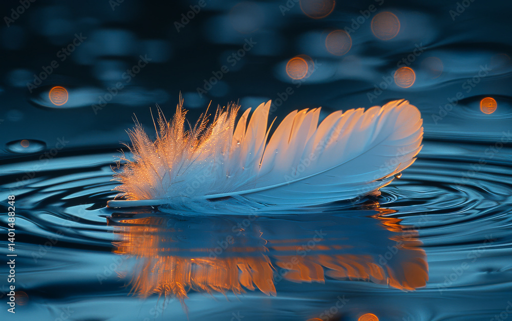 Poster soft feather afloat on water at twilight. a delicate feather gently floats on tranquil water, illumi