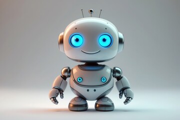 Friendly robot with blue glowing eyes in a futuristic setting during daylight