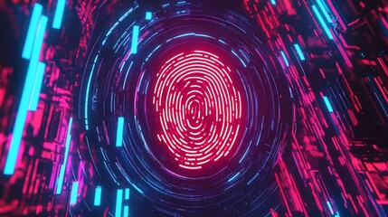 Fototapeta premium Abstract Neon Fingerprint in a Futuristic Cyberspace Tunnel