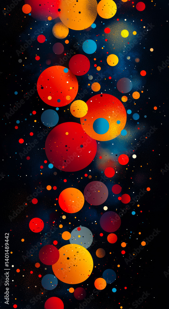 Poster colorful cosmic sphere art. bright and vibrant spheres of various sizes float on a dark background, 