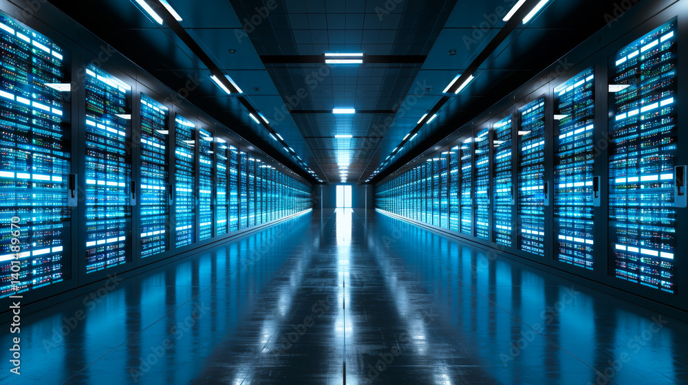 Poster modern data center with servers. a futuristic data center corridor with glowing server racks and blu