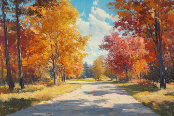 Fototapeta premium Vibrant painting: Road flanked by lush trees, capturing a serene landscape with a hint of mystery.
