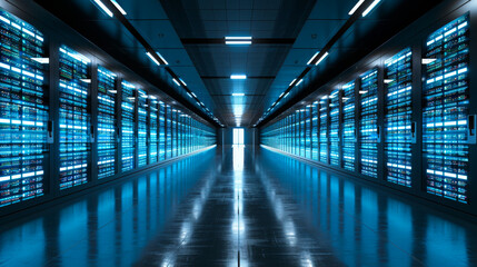 Modern data center with servers. A futuristic data center corridor with glowing server racks and blue lighting, highlighting advanced technology.