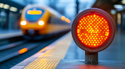 Dusk red light at train station. A bright red signal light indicates a train's stop at a busy evening station, with a blurred train behind it.