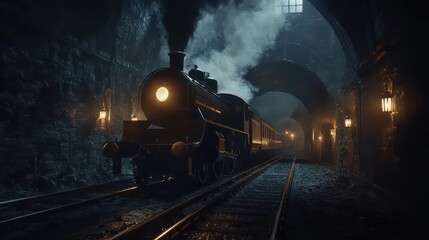 Naklejka premium Steam train station dark night