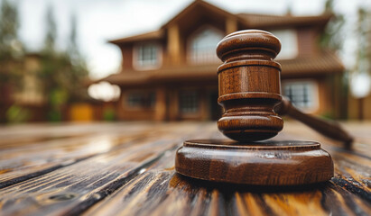 House purchase auction with wooden gavel. A wooden gavel rests on a table before a house, symbolizing the auction process and real estate decisions.