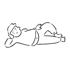 お腹を出して横に寝そべる男性_白黒