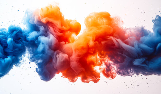 Vivid smoke swirls in art. Abstract swirls of orange and blue smoke merge creatively, showcasing vibrant colors against a light backdrop.