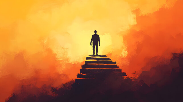A silhouetted figure stands at the top of stone steps, bathed in warm sunset hues, symbolizing achievement and hope. - Powered by Adobe