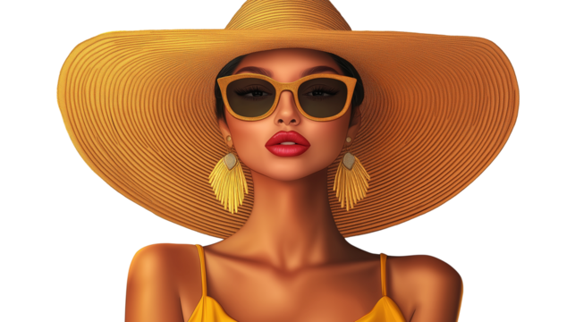 Woman with large sunhat, statement earrings, bold lipstick, happy summer vibe png 
