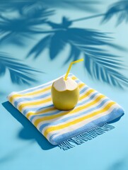 Refreshing summer drink on a colorful towel beach vibes minimalist poster background tropical ambiance