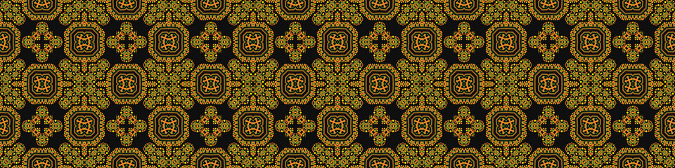 Seamless Ukrainian Pattern. Ukrainian embroidery. Old texture. Yellow pattern on a dark background